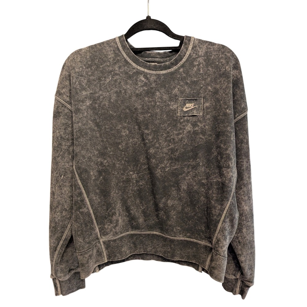 Nike Womens Acid Wash Crewneck Sweatshirt Grey Charcoal Logo Pullover Medium